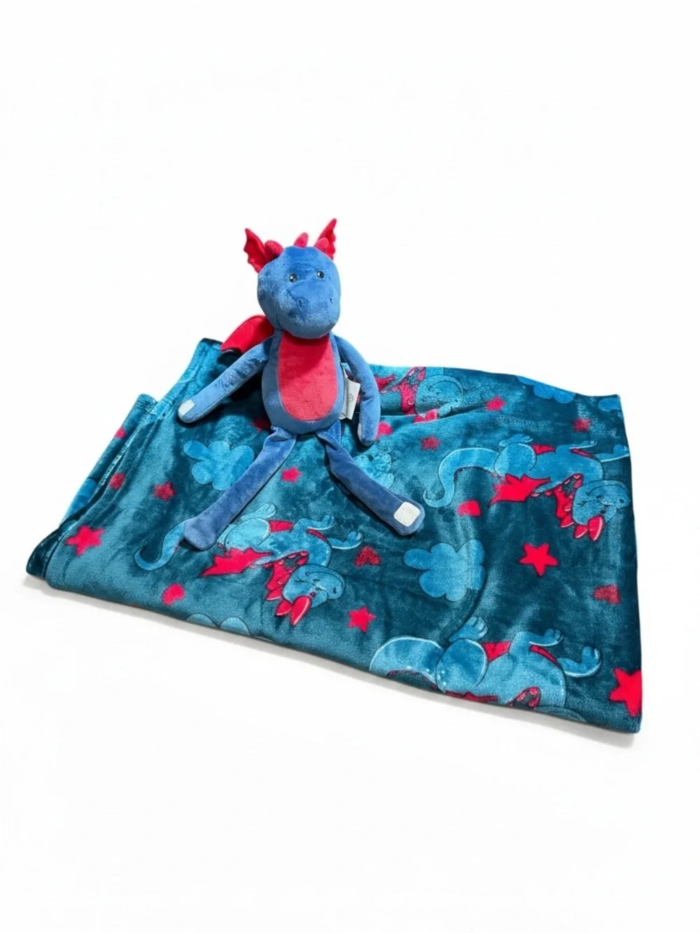 Kids Blue Dragon Plush & Matching Blanket Set - Blue and Red